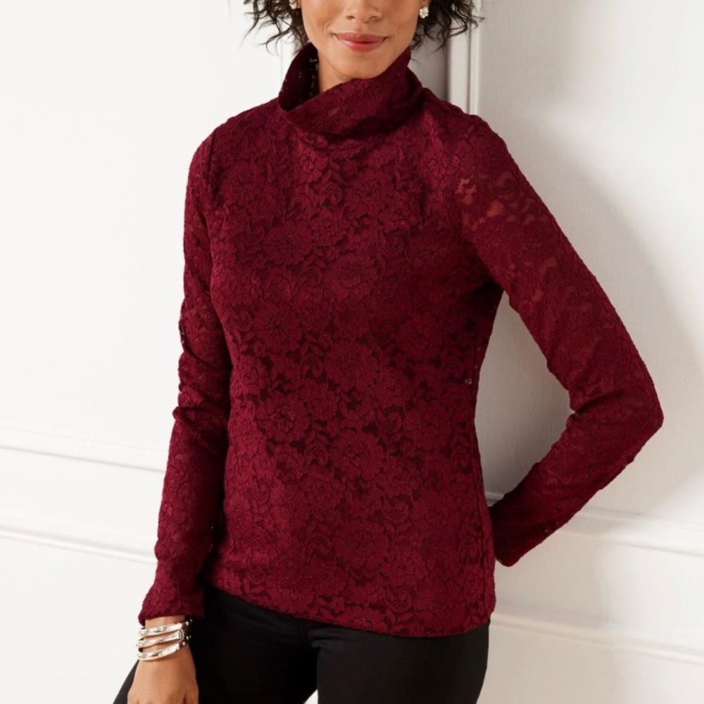 ✨NWT✨Talbots Plus Petite | Burgundy Red Floral Lace Turtleneck Blouse Sz 2Xp